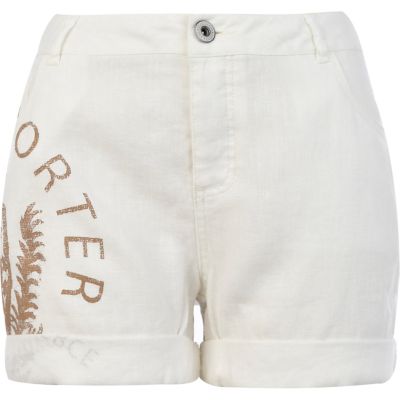 White linen side print shorts 