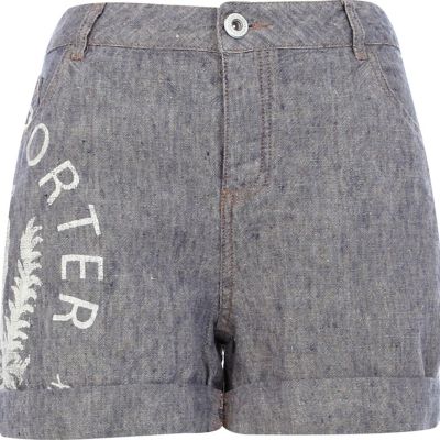 Blue linen side print shorts 