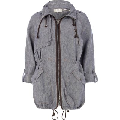 Denim linen print back parka jacket 