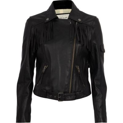 Black leather fringed biker jacket