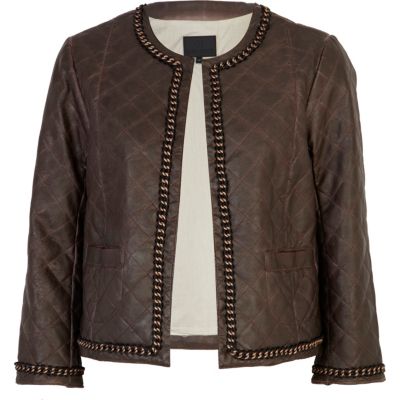 Brown leather look quilted chain jacket