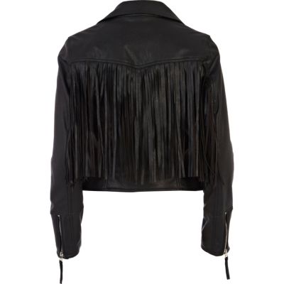 Black fringed leather look biker jacket
