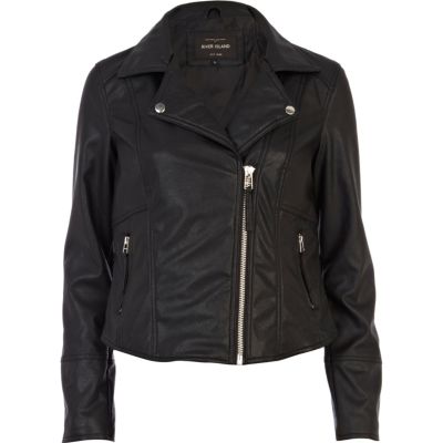 Black fringed leather look biker jacket