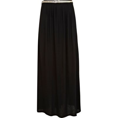 Black jersey belted maxi skirt
