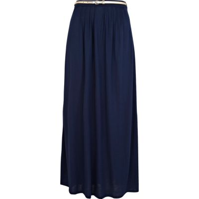 Navy jersey belted maxi skirt