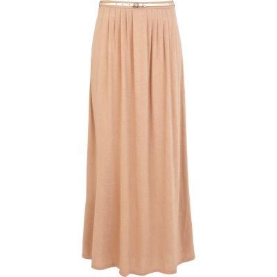 Beige jersey belted maxi skirt