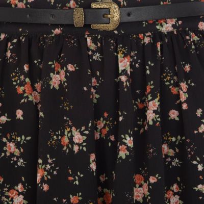 Black floral print lace stripe maxi skirt 