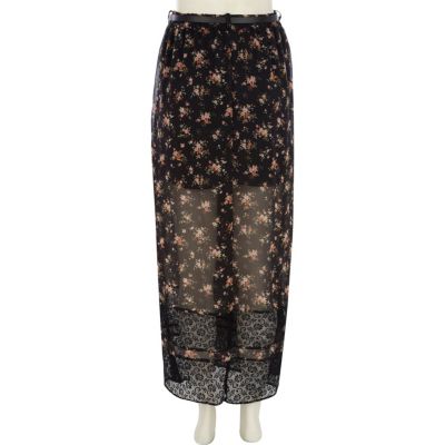 Black floral print lace stripe maxi skirt 