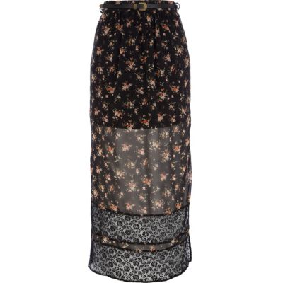 Black floral print lace stripe maxi skirt 