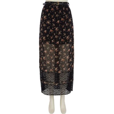 Black floral print lace stripe maxi skirt 
