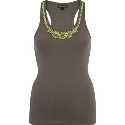 Khaki fluro embellished neck vest 