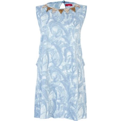 Blue swirl print open back vest dress
