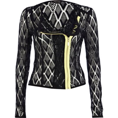 Black geometric lace fluro zip biker jacket