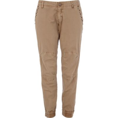 Beige embellished slim combat trousers 