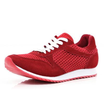 Red mesh panel lace up trainers