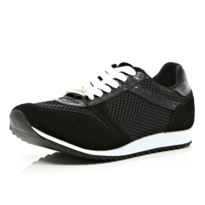 Black mesh panel lace up trainers