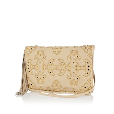 Cream western studded clutch bag
