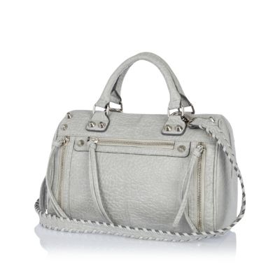 Grey studded woven strap tumbled bowler bag