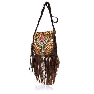 Brown embellished fringed cross body bag