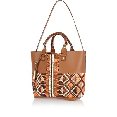 Beige leather beaded panel tote bag