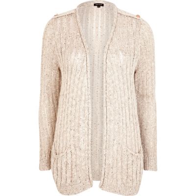Beige slub sequin longline cardigan