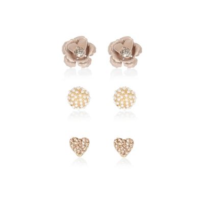 Pink heart and flower stud earring pack