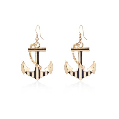 Gold tone stripe anchor drop earrings