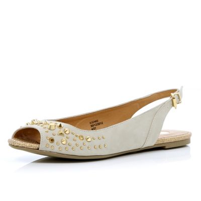Grey studded peep toe sling back shoes