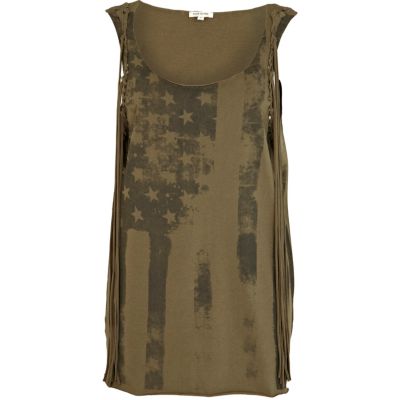 Khaki flag print tassel tank top