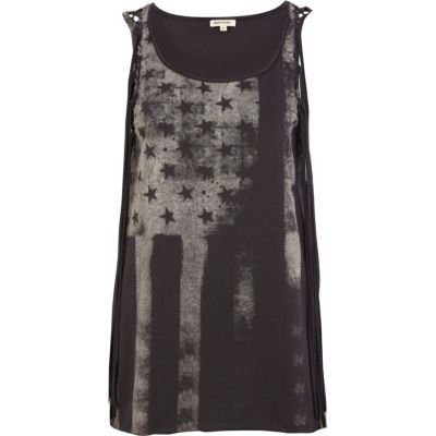Grey flag print tassel tank top