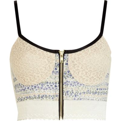 Cream ditsy print front zip bralet