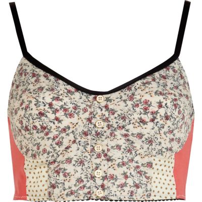 Coral ditsy print panel button down bralet