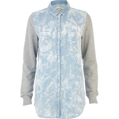 Light wash jersey sleeve denim shirt