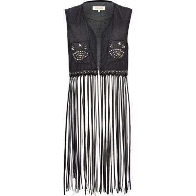 Black long fringed stud denim waistcoat