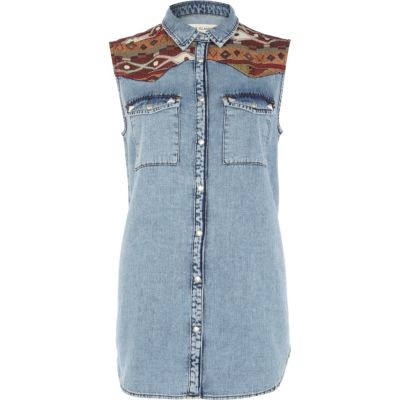 Denim aztec panel acid wash sleeveless shirt