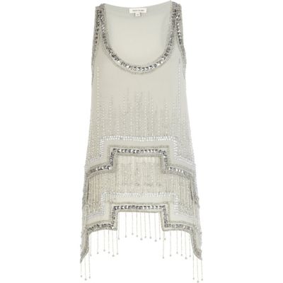 Grey stepped hem embellished tank top