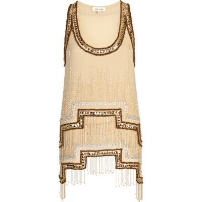 Bronze stepped hem embellished tank top