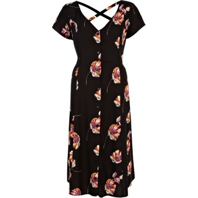 Black floral print button through midi dress