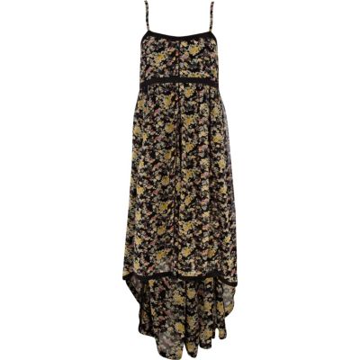 Black floral dip hem maxi dress