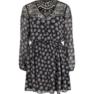 Black floral lace insert boho dress