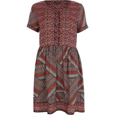 Red contrast print short sleeve smock dress