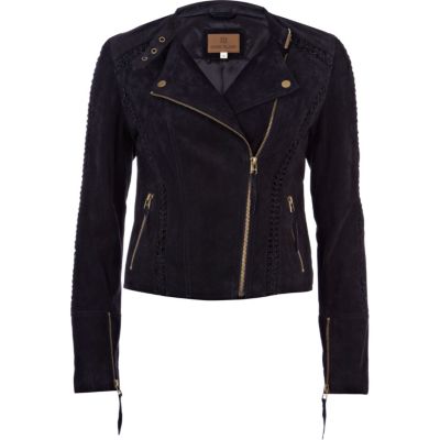 Navy suede whip stitch biker jacket