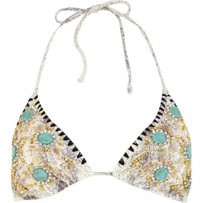 Beige snake print embellished bikini top