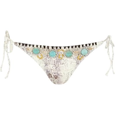 Beige snake print embellished bikini bottoms