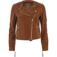Brown suede whip stitch biker jacket