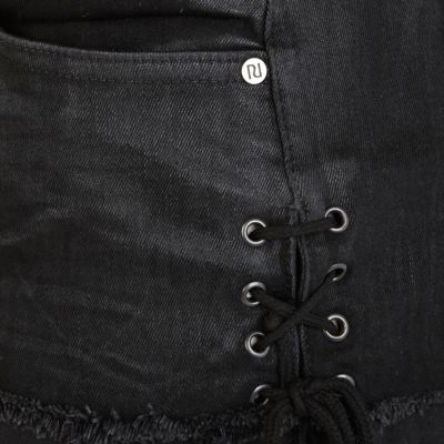 Black frayed turn up lace side denim shorts