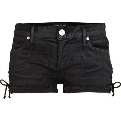 Black frayed turn up lace side denim shorts