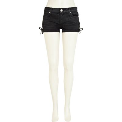 Black frayed turn up lace side denim shorts