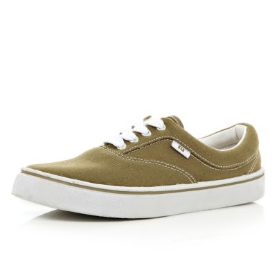 Khaki canvas lace up plimsolls