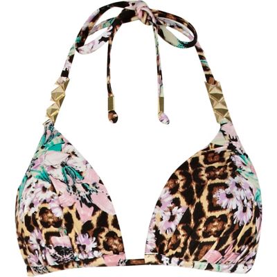 Brown floral leopard print push-up bikini top
